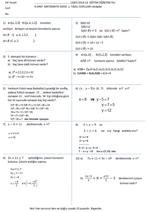 9. Sınıf Matematik Kümeler 2 Yaprak Test DersLig