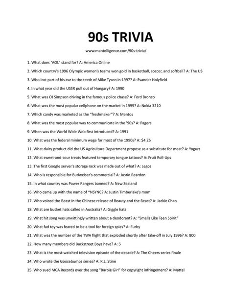 90's Trivia Questions And Answers Printable