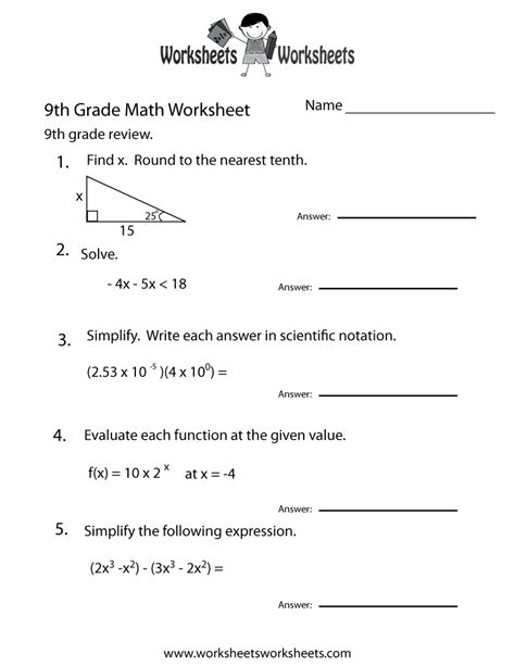 9th Grade Math Worksheets