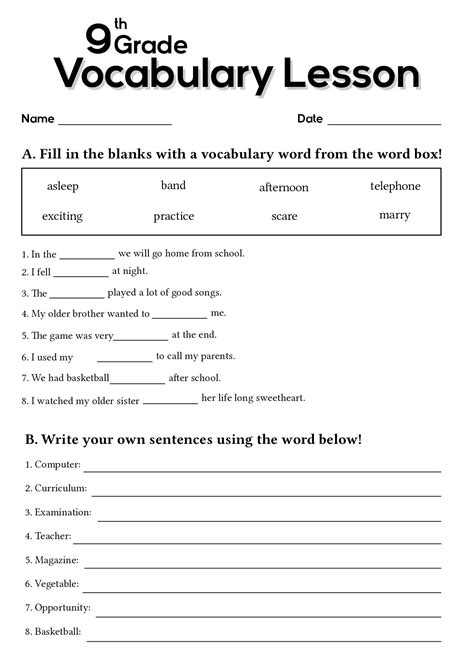 9th grade high school vocabulary worksheets