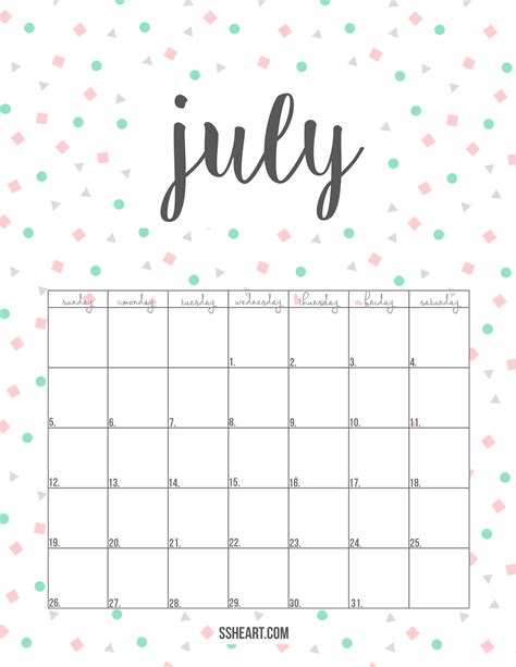 A Calendar For The Month Of July