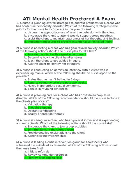 ATI Mental Health Proctored Exam Quizlet 1