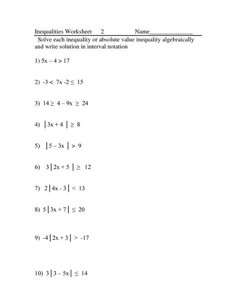 Absolute Value Algebra 2 Worksheet