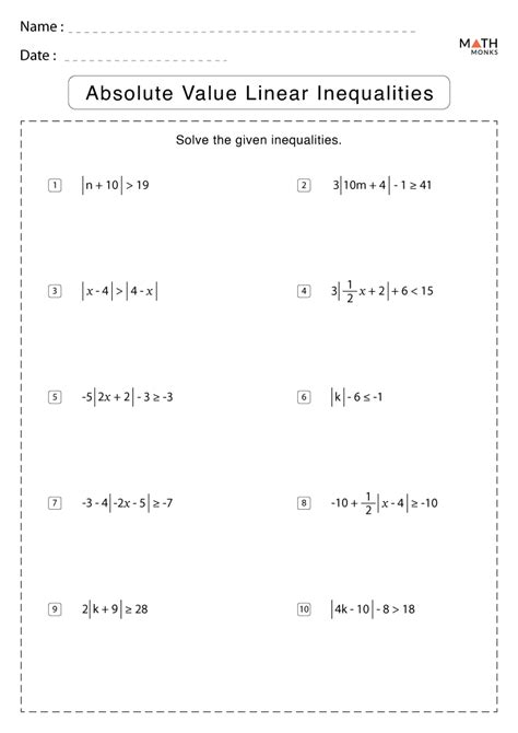 Absolute Value Equations And Inequalities Worksheet With Answers