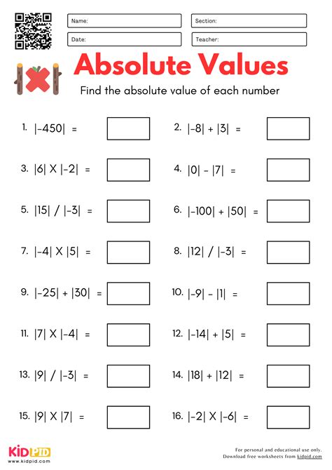 Absolute Values Worksheet