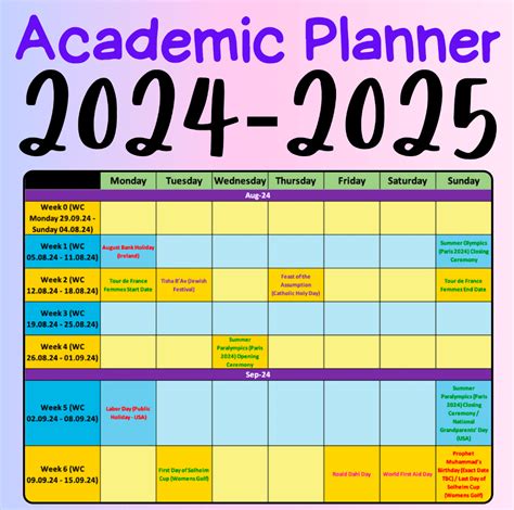 Academic Calendar Planner 2024-2025