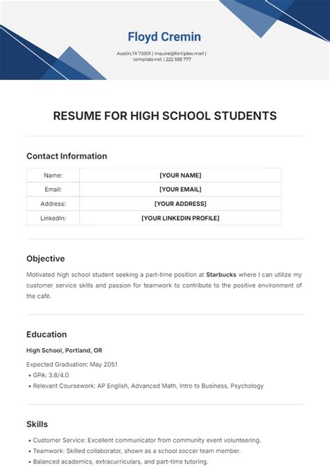 Academic Resume Template For Highschool Students