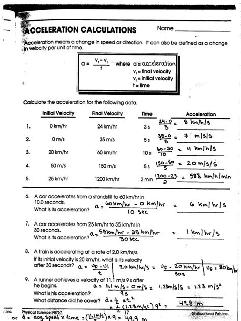 Acceleration Calculations Worksheet