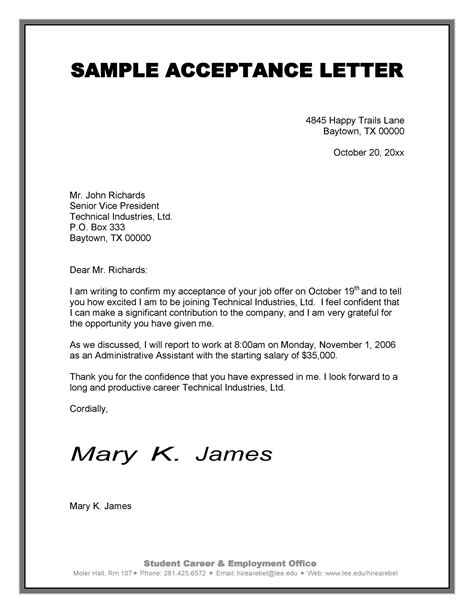 Acceptance Letter Template For Job