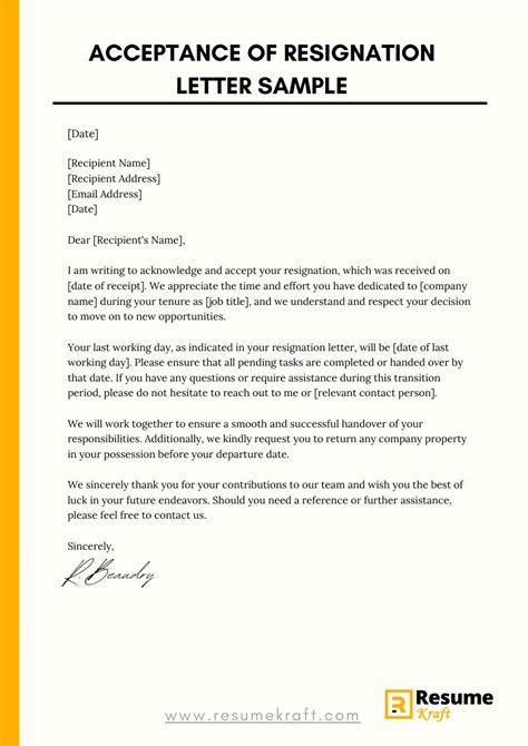 Acceptance of Resignation Letter