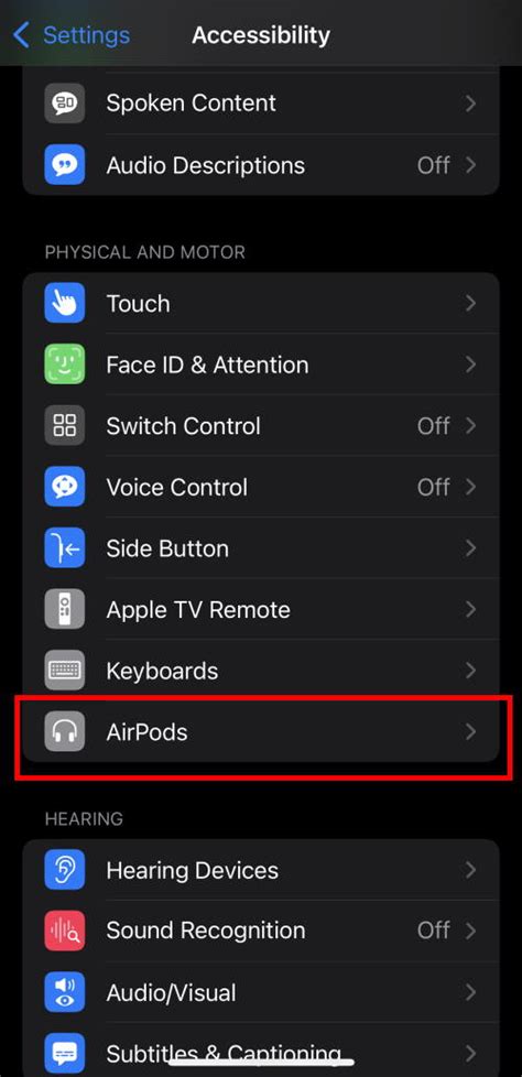Accessibility settings for AirPods