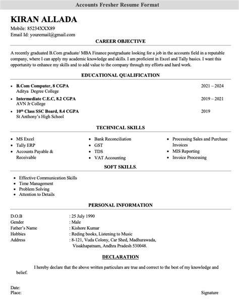 Accountant Fresher Resume Sample