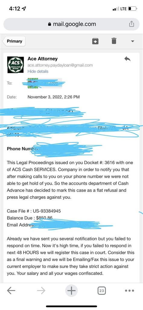 Ace Cash Express Scam Email