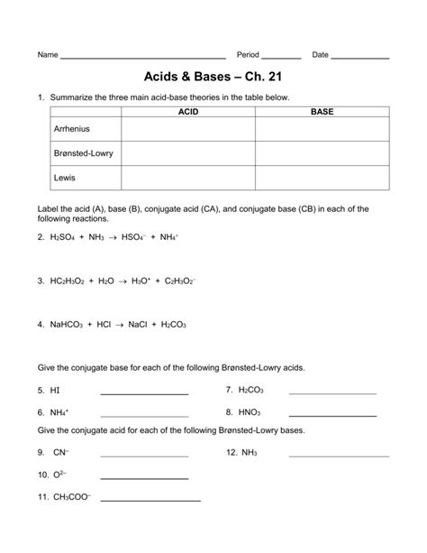 Acid Base Worksheet Answers