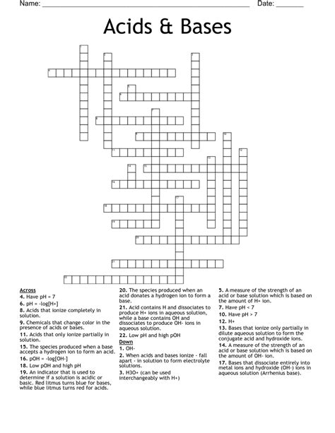 Acid-Base Matching Worksheet - WordMint