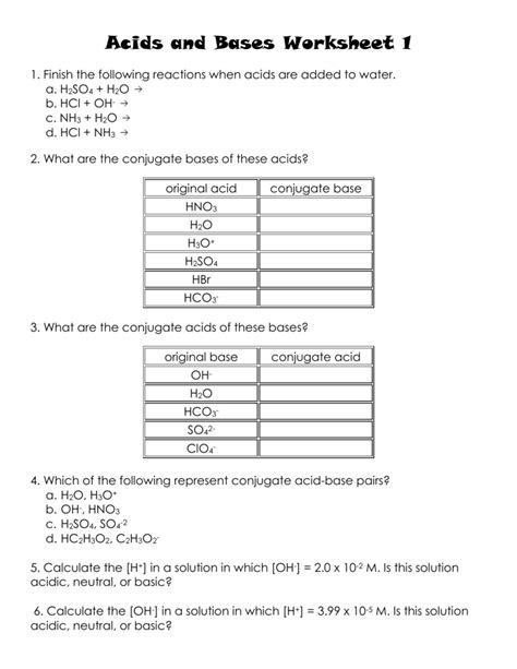 Acids And Bases Calculations Practice Worksheet