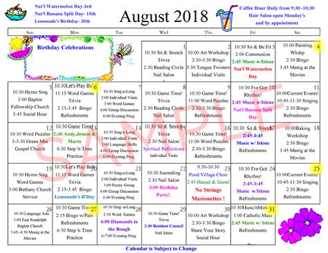 Activities Calendar For Nursing Home