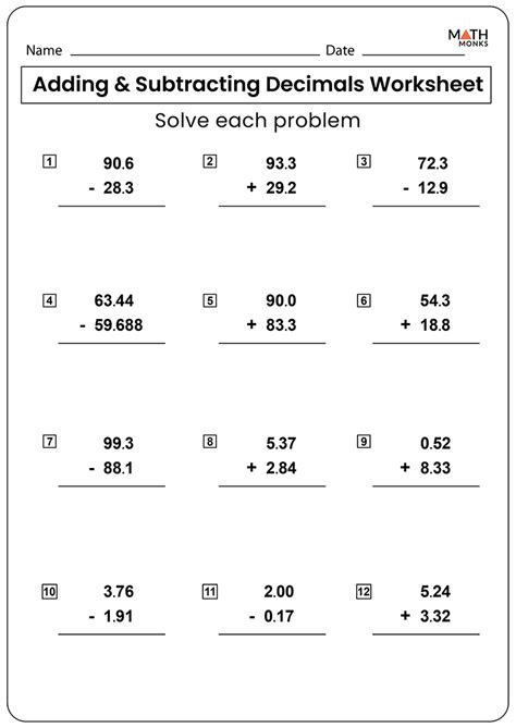 Add And Subtract Decimals Worksheet