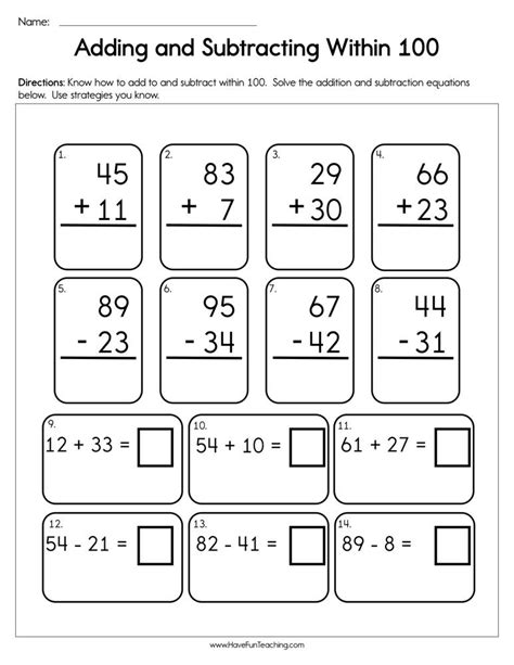 Add And Subtract Within 100 Worksheets