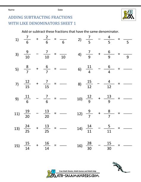 Add Subtract Fractions Worksheet