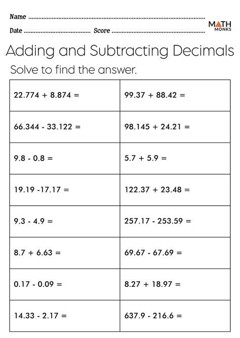 Add And Subtract Decimal Worksheet