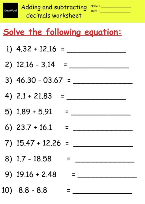 Add And Subtract Decimals Worksheets