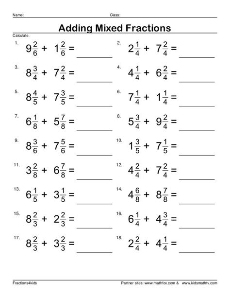 Add Mixed Fractions Worksheet