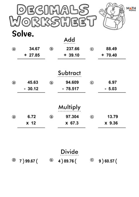 Add Subtract Multiply Divide Decimals Worksheet