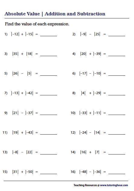 Adding And Subtracting Absolute Value Worksheet