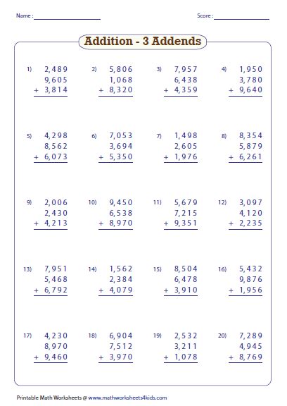 Adding And Subtracting Big Numbers Worksheets