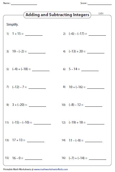 Adding And Subtracting Integers Worksheets