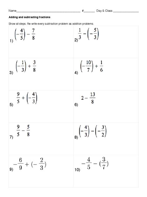 Adding And Subtracting Positive And Negative Fractions Worksheet