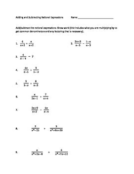 Adding And Subtracting Rational Expressions Worksheet With Answers