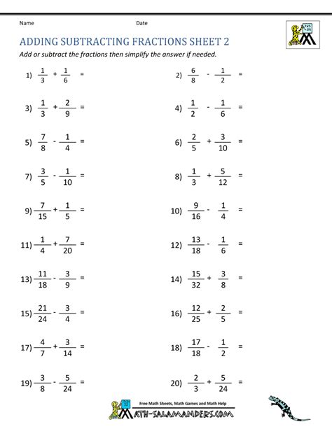 Adding And Subtracting Unlike Fractions Worksheets