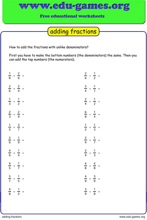 Adding Fractions Worksheets With Like Denominators