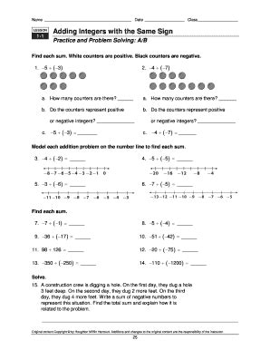 Adding Integers With The Same Sign Worksheet