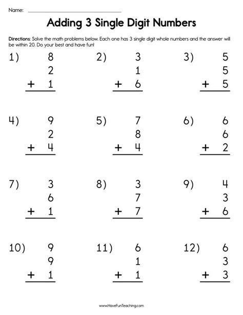 Adding 3 Single Digit Number Worksheet - Have Fun Teaching
