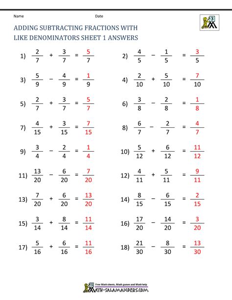 Adding And Subtracting Fractions Worksheet Answers