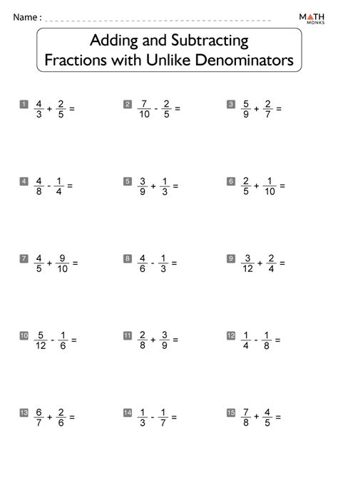 Adding And Subtracting Fractions Worksheets With Unlike Denominators