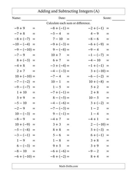 Adding And Subtracting Integer Worksheets