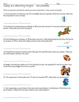 Adding And Subtracting Integers Word Problems Worksheet