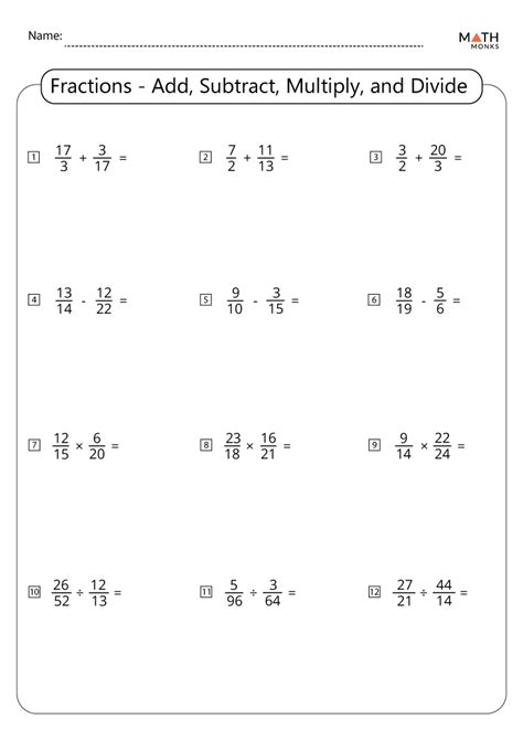 Adding And Subtracting Multiplying And Dividing Fractions Worksheet