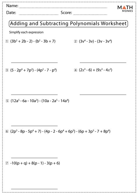 Adding And Subtracting Polynomials Worksheet With Answers - Subtraction