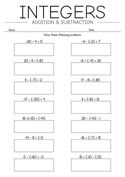 Adding And Subtracting Positive And Negative Integers Worksheet