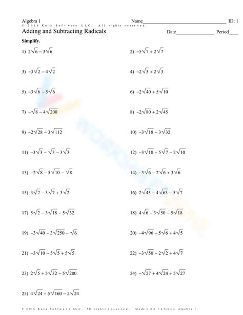 Adding And Subtracting Radicals Worksheet : Math 10 And 11 Multiplying