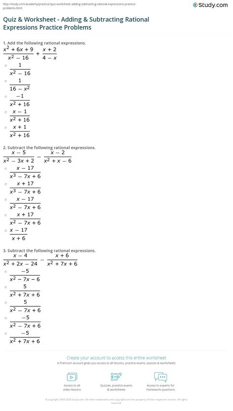 Adding And Subtracting Rational Expressions Worksheet Answers