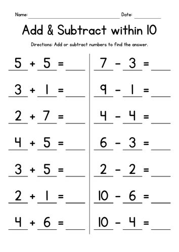 Adding And Subtracting Within 10 Worksheets