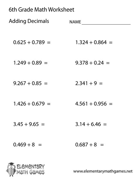 Adding Decimals Worksheet 6th Grade