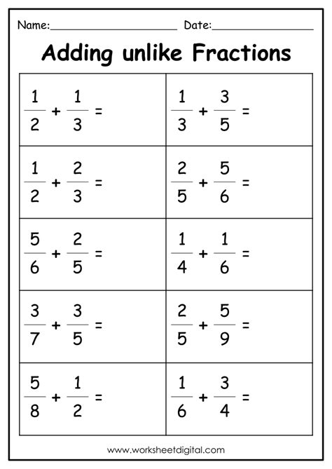 Adding Fractions Unlike Denominators Worksheets