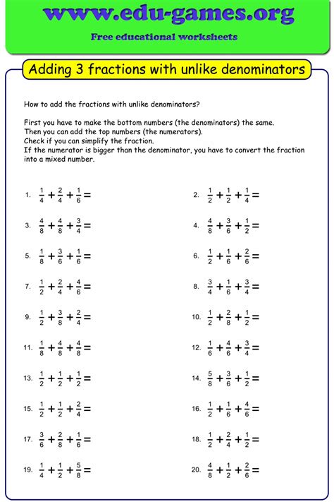 Adding Fractions With Unlike Denominators Worksheets With Answers